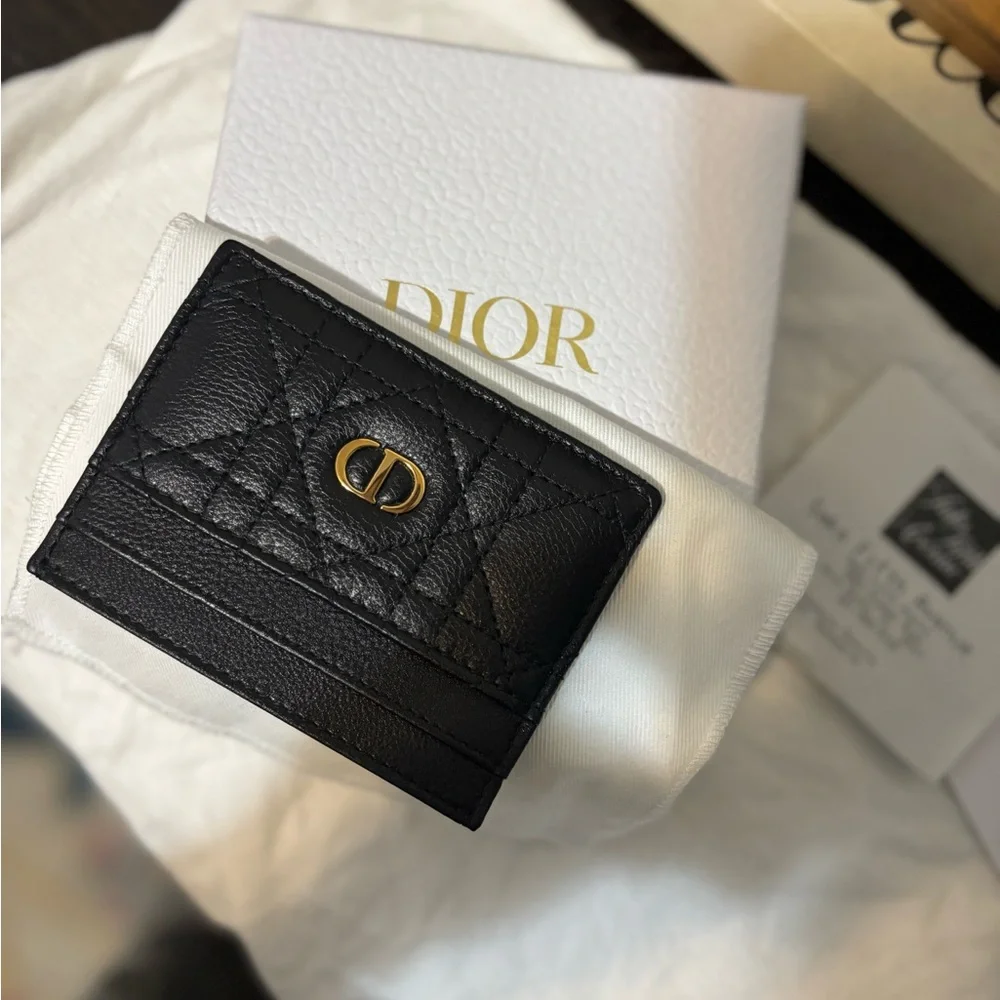 Dior Quilted Black Card Holder with Gold Logo